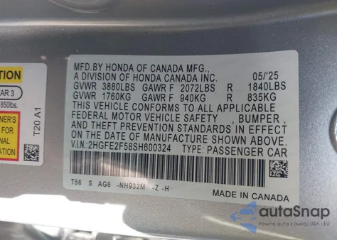 2025 Honda Civic Sport z USA, uszkodzony, nr VIN 2HGFE2F58SH600324